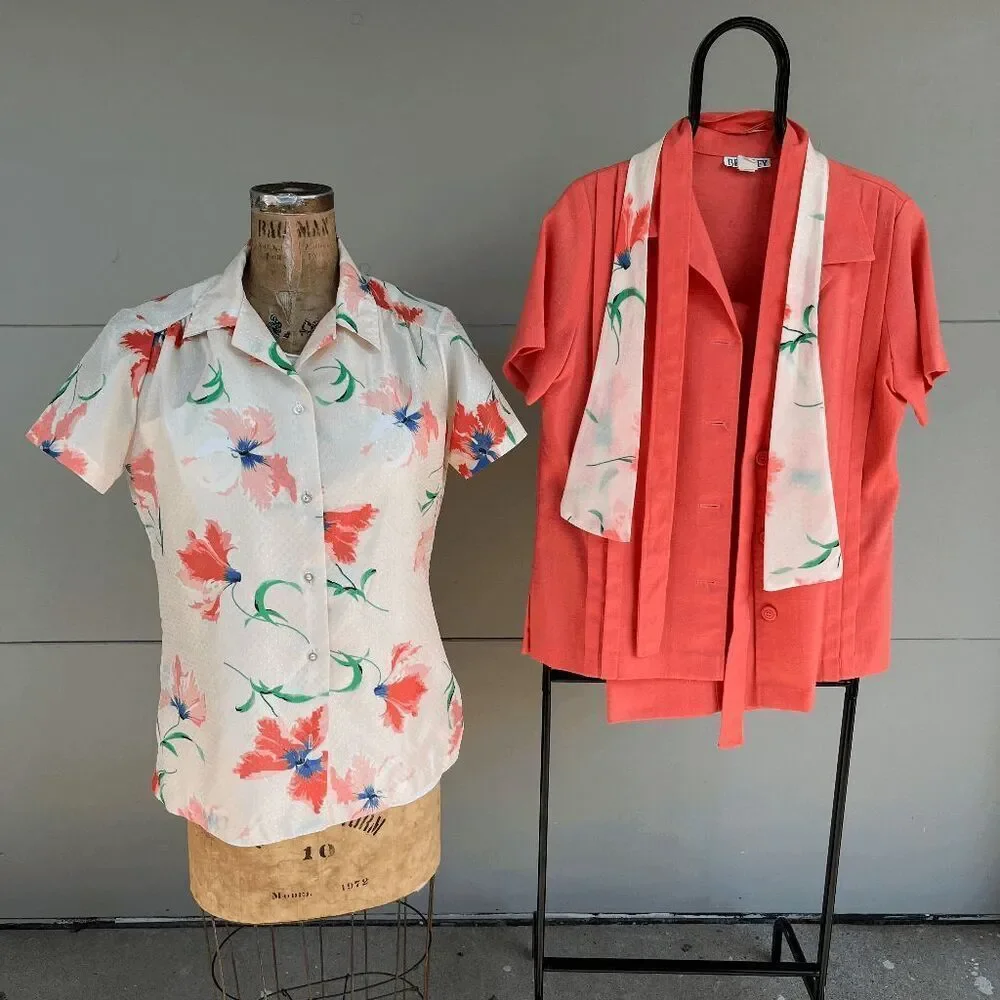 VTG 70s Coral Pant Suit Set Wide Leg Disco Cruise Outfit Theme XL